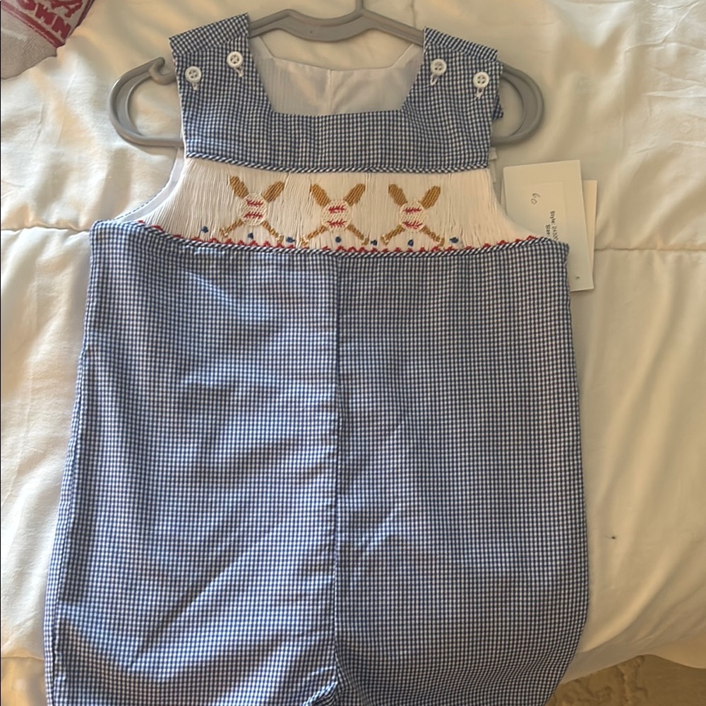 NWT. Bailey Boys Blue Gingham Baby Romper with baseball Embroidered Detail